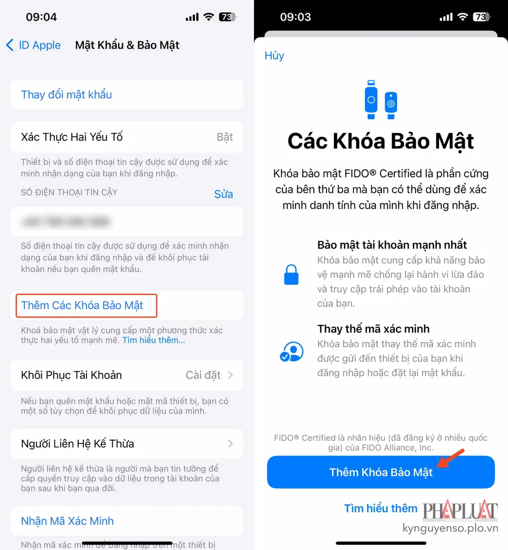 cach-them-khoa-bao-mat-vat-ly-tren-iphone iPhone, iPad và Mac hỗ trợ các khóa bảo mật được chứng nhận FIDO. Ảnh: TIỂU MINH