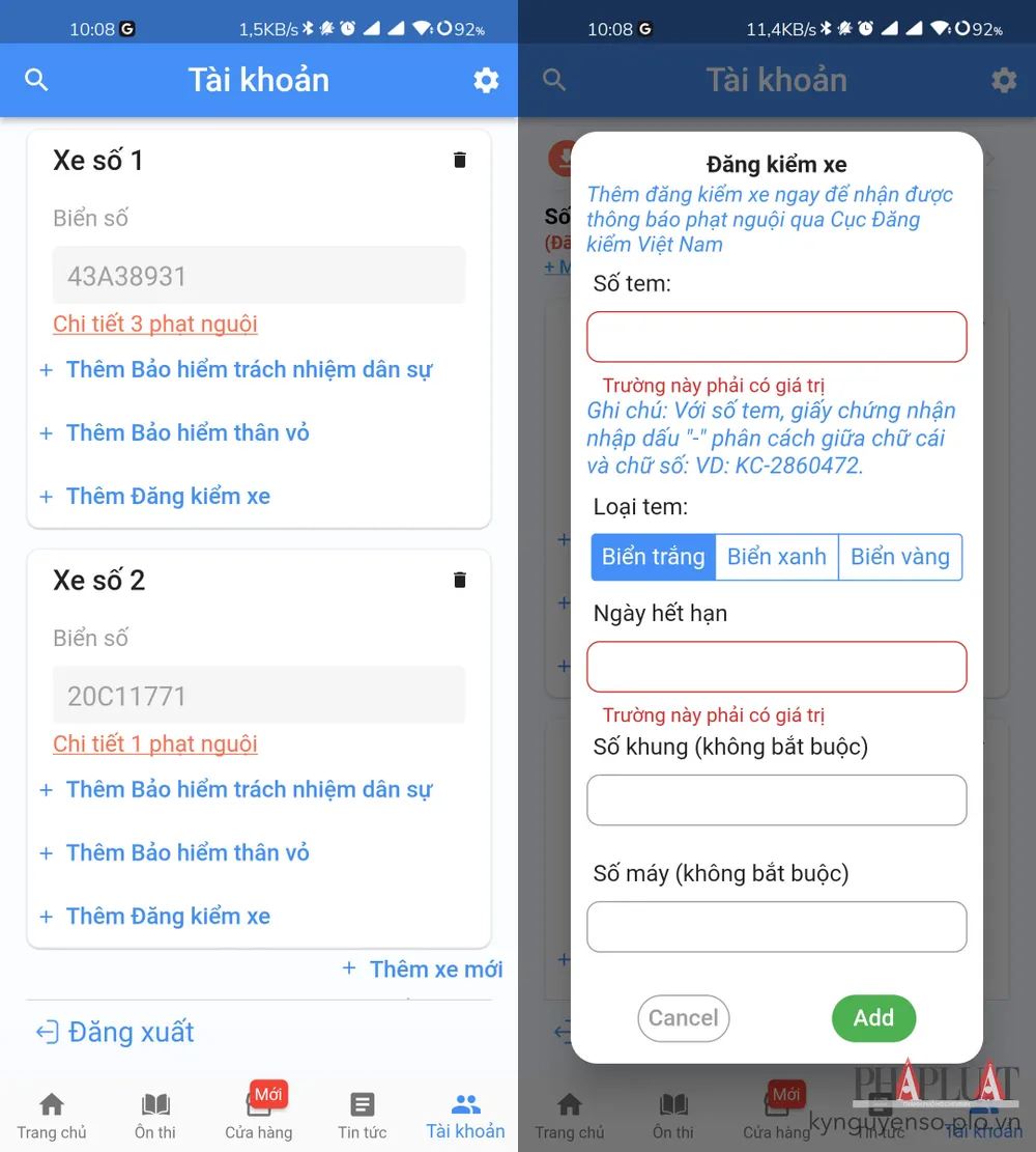 Nhận cảnh báo khi xe bị vi phạm hoặc sắp hết hạn đăng kiểm. Ảnh: MINH HOÀNG