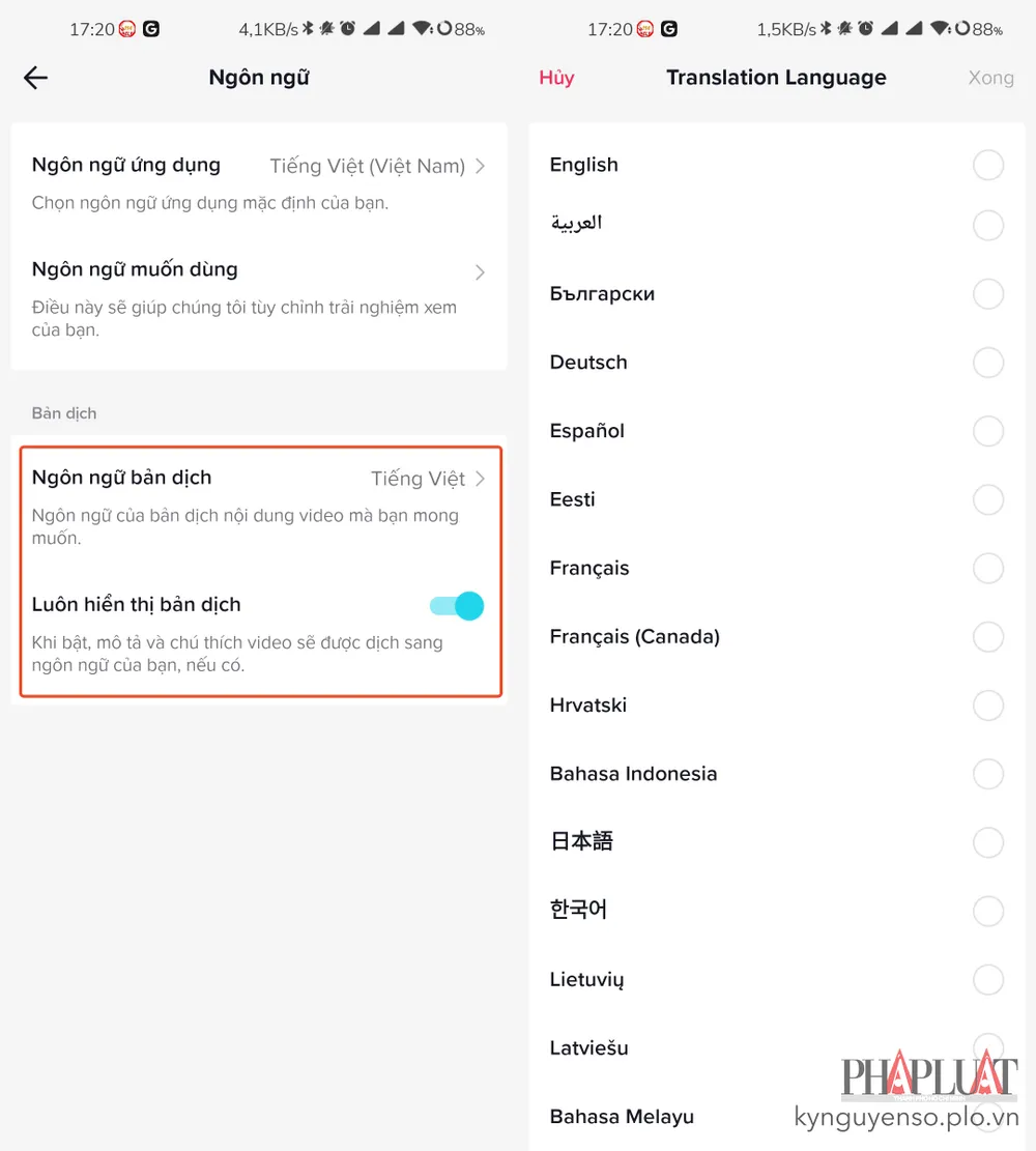 Thiết lập ngôn ngữ của bản dịch nội dung video mà bạn mong muốn. Ảnh: MINH HOÀNG
