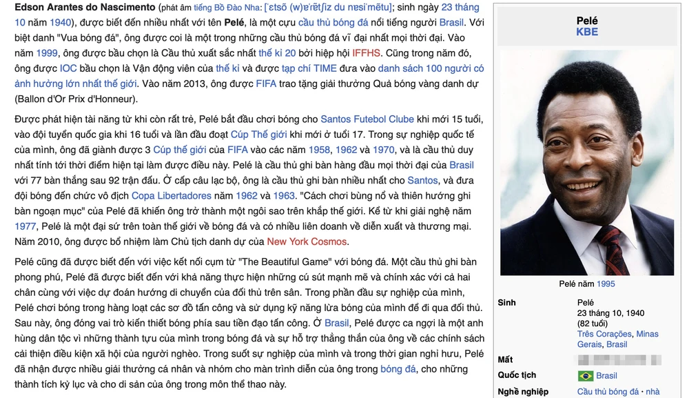 Trang Wikipedia tiếng Việt của Pele bị chỉnh sửa. Ảnh: TIỂU MINH