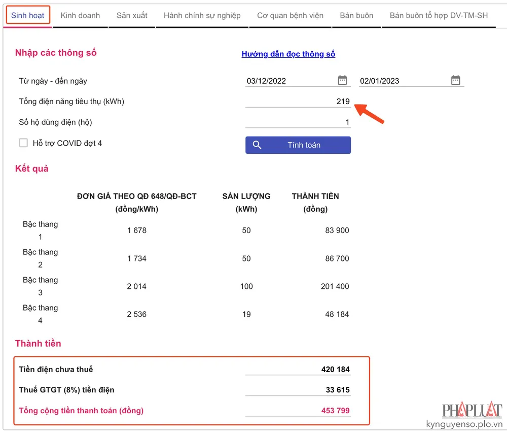 cong-cu-tinh-tien-dien-hang-thang Công cụ sẽ tự động tính toán từng mức tiền theo từng khung giá. Ảnh: MINH HOÀNG
