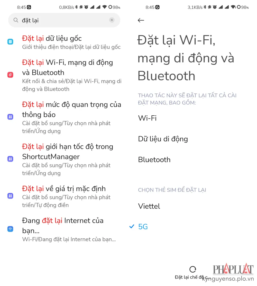Đặt lại các cài đặt mạng trên điện thoại Android. Ảnh: MINH HOÀNG