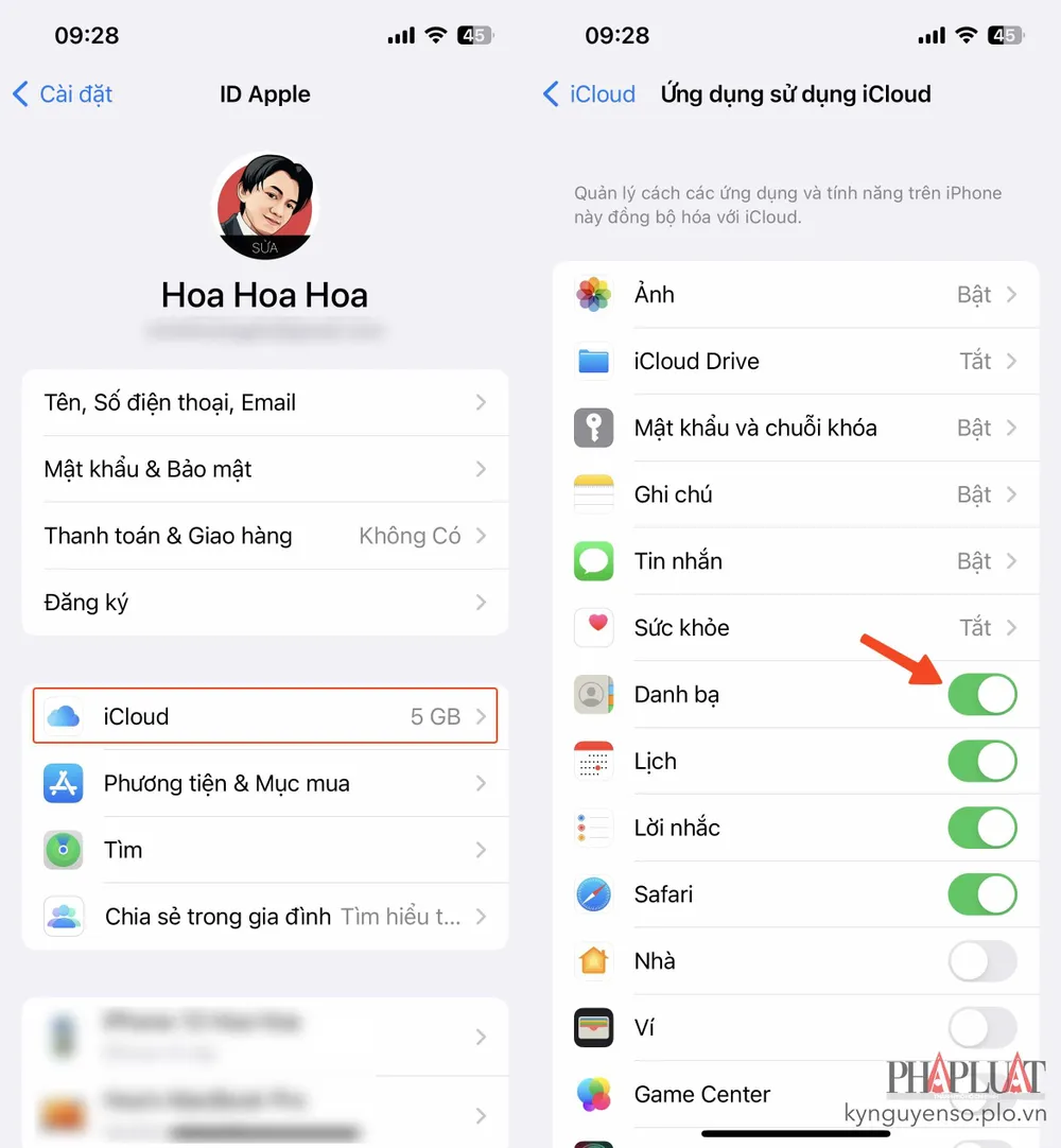 Bật tính năng đồng bộ hóa danh bạ trên iCloud. Ảnh: MINH HOÀNG