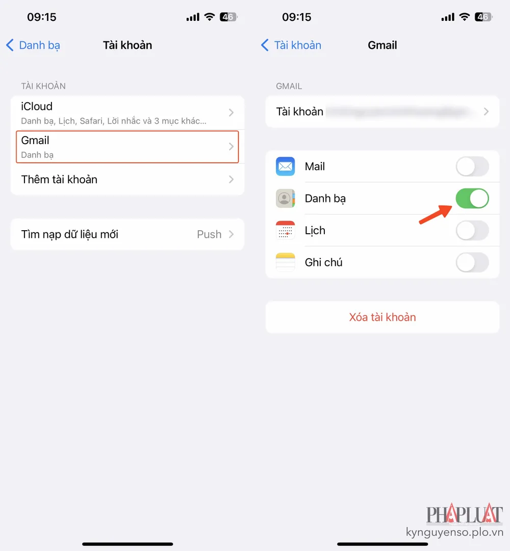 Bật tính năng đồng bộ danh bạ trên từng email. Ảnh: MINH HOÀNG
