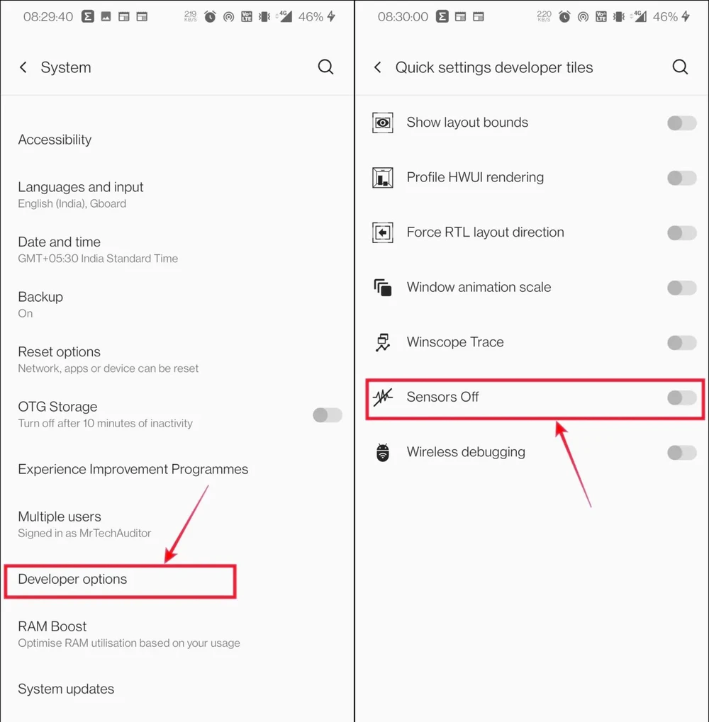 bật tùy chọn sensors off trên điện thoại
