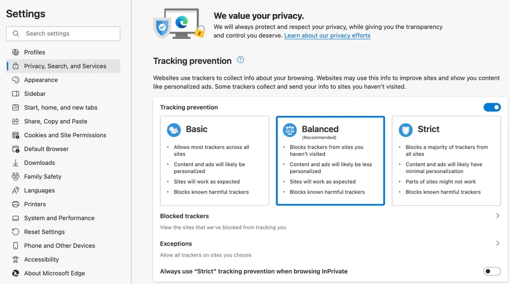 cach-chan-cac-trang-web-theo-doi-tren-microsoft-edge Cách chặn các trang web theo dõi trên Microsoft Edge. Ảnh: TIỂU MINH