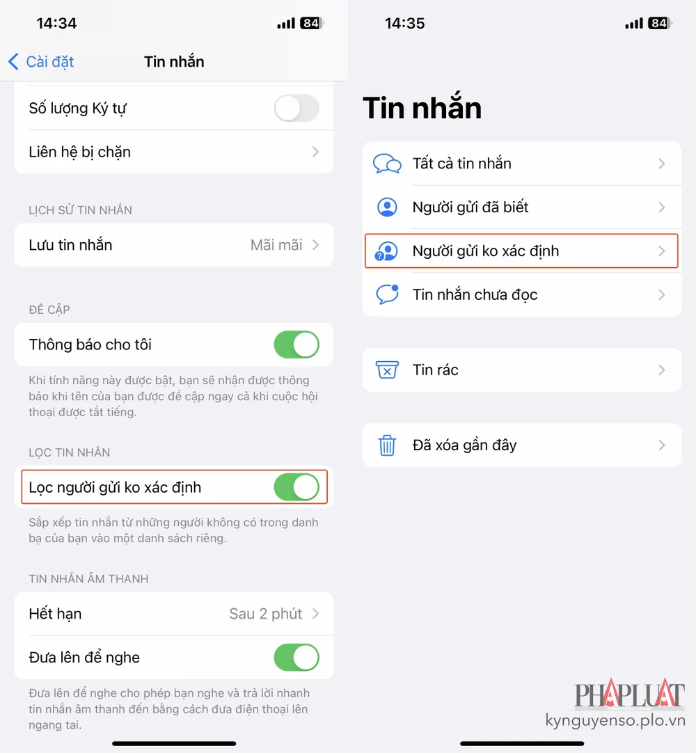 Cách lọc tin nhắn rác được gửi từ những số điện thoại không xác định. Ảnh: MINH HOÀNG