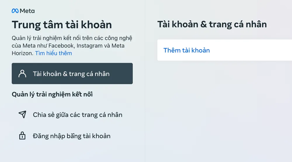 Trung tâm tài khoản mới của Meta cho phép người dùng liên kết tất cả các tài khoản Facebook và Instagram. Ảnh: TIỂU MINH