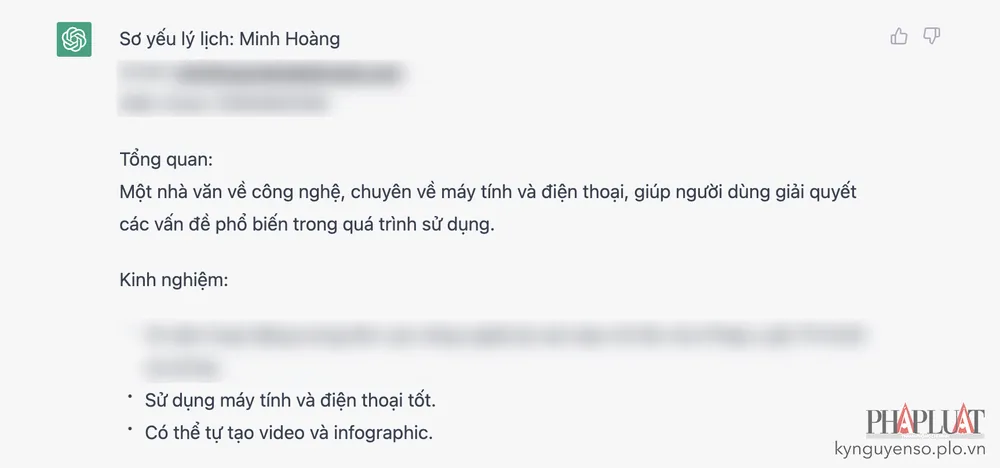 Yêu cầu ChatGPT viết sơ yếu lý lịch dựa trên các dữ liệu bạn cung cấp. Ảnh: MINH HOÀNG