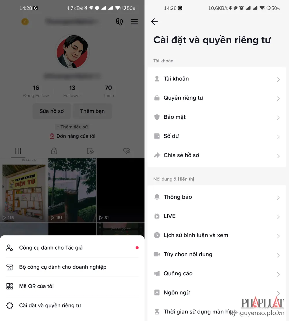Cài đặt tài khoản TikTok để hạn chế bị thu thập dữ liệu. Ảnh: TIỂU MINH