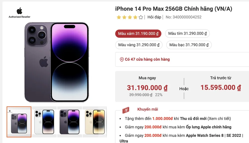 iPhone 14 Pro Max hiện có giá khoảng 31,19 triệu đồng. Ảnh: TIỂU MINH