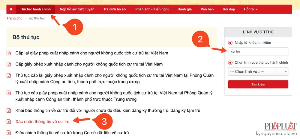 Chọn thủ tục Xác nhận thông tin về cư trú. Ảnh: MINH HOÀNG