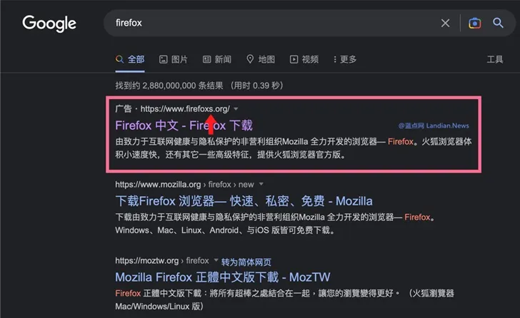 Trang web giả mạo được mua quảng cáo để xuất hiện trên đầu. Ảnh: landiannews