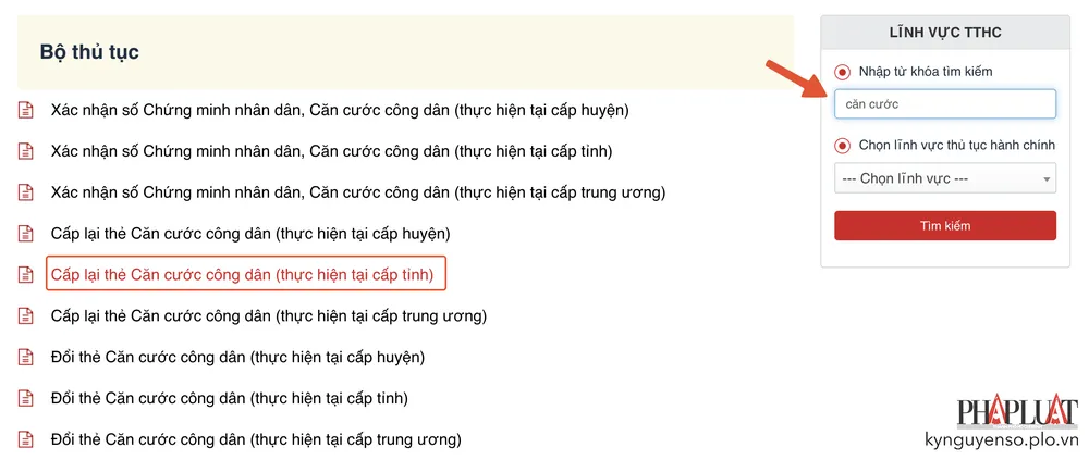 Chọn dịch vụ cấp lại thẻ căn cước công dân (thực hiện tại cấp tỉnh/huyện). Ảnh: MINH HOÀNG