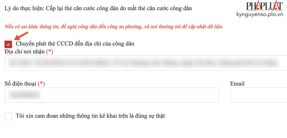 Kiểm tra thông tin và chọn Chuyển phát thẻ CCCD về tận nhà. Ảnh: MINH HOÀNG
