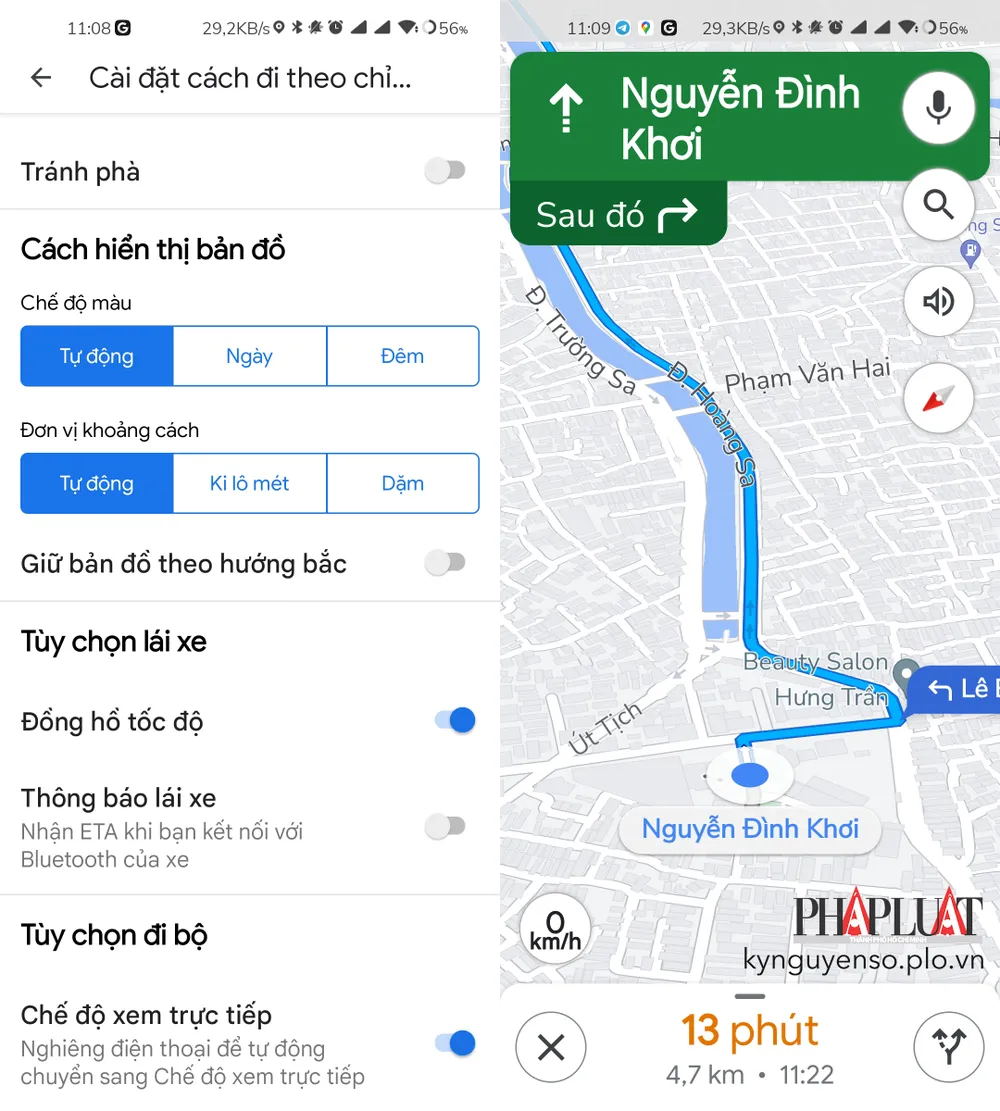 Bật tính năng hiển thị tốc độ trên Google Maps. Ảnh: TIỂU MINH