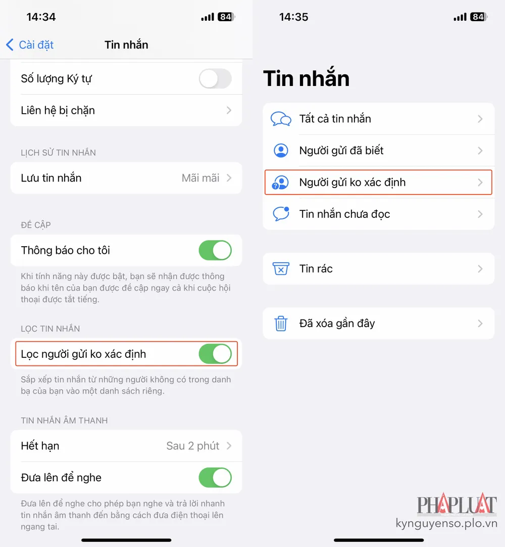 Cách lọc tin nhắn rác được gửi từ những số điện thoại không xác định. Ảnh: TIỂU MINH