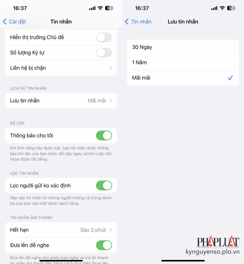Tự động xóa tin nhắn trên iPhone. Ảnh: MINH HOÀNG