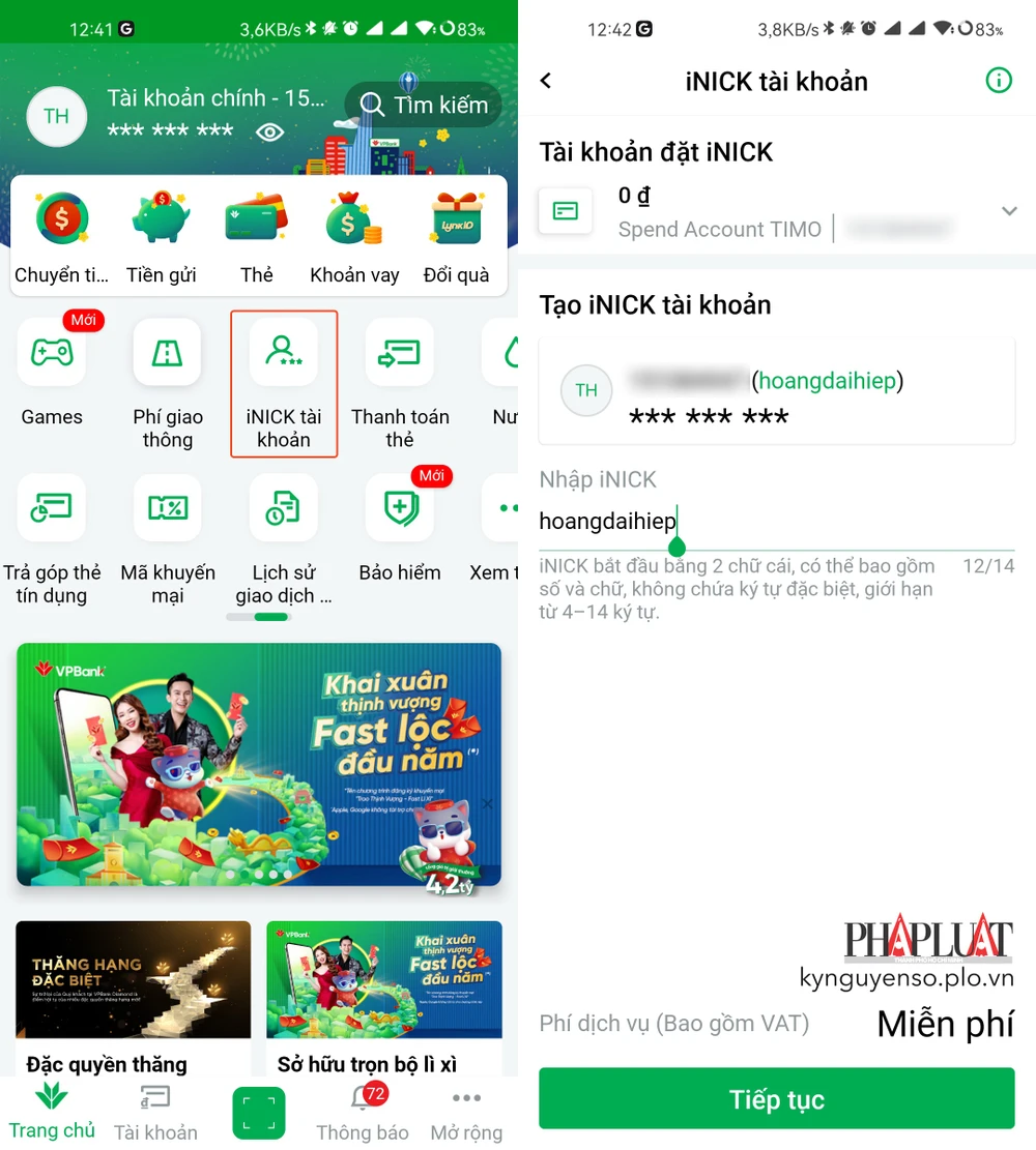 Cách đặt nickname cho tài khoản VPBank. Ảnh: MINH HOÀNG