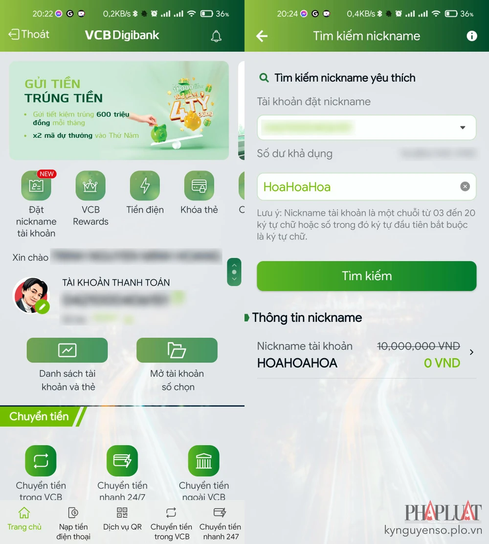 Cách đặt nickname cho tài khoản Vietcombank. Ảnh: MINH HOÀNG
