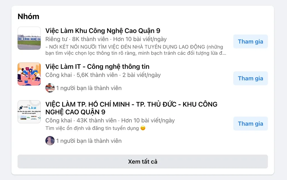 Tham gia vào các group tìm kiếm việc làm tương ứng. Ảnh: TIỂU MINH
