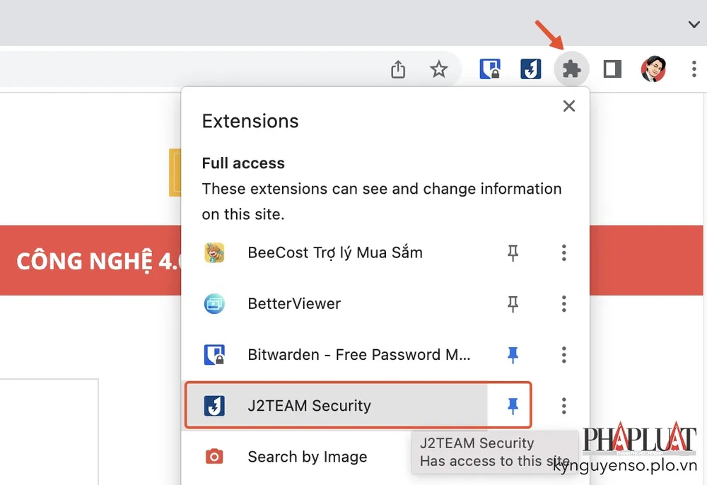 Ghim tiện ích J2team Security lên cuối thanh địa chỉ trình duyệt. Ảnh: MINH HOÀNG