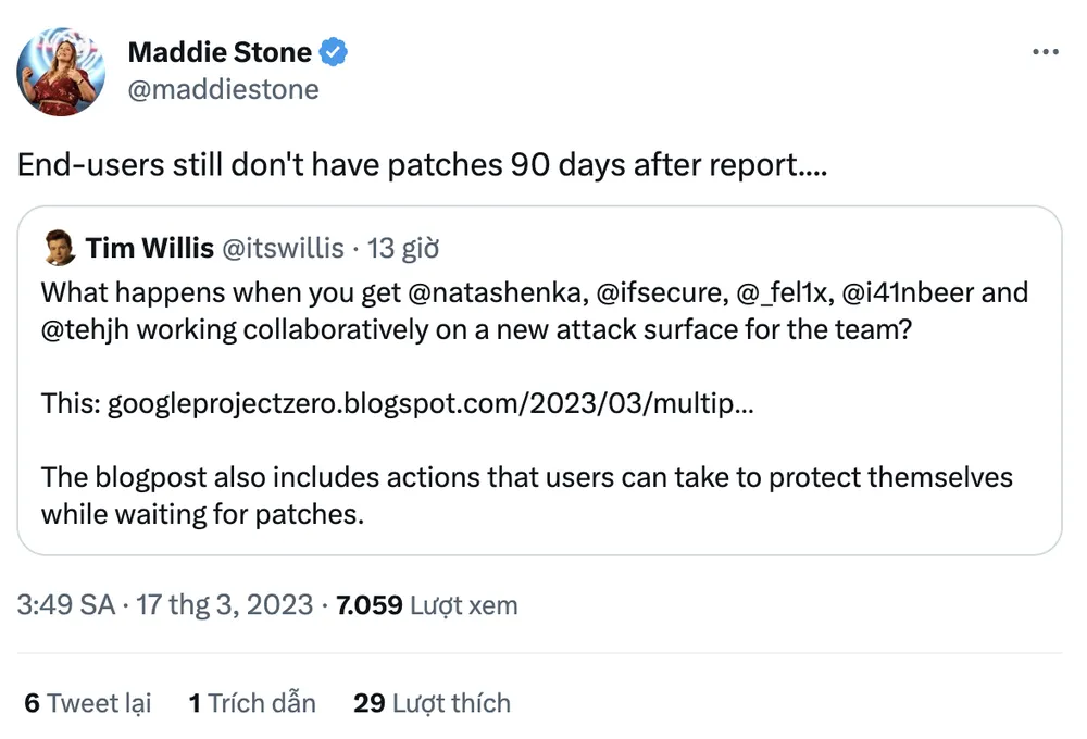 Sau 90 ngày nhận được báo cáo về lỗ hổng, người dùng điện thoại vẫn chưa nhận được bản vá. Ảnh: TIỂU MINH