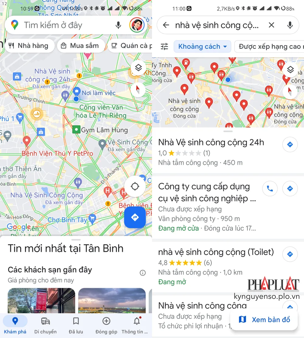 Google Maps hiển thị các nhà vệ sinh công cộng dựa trên vị trí của bạn. Ảnh: MINH HOÀNG