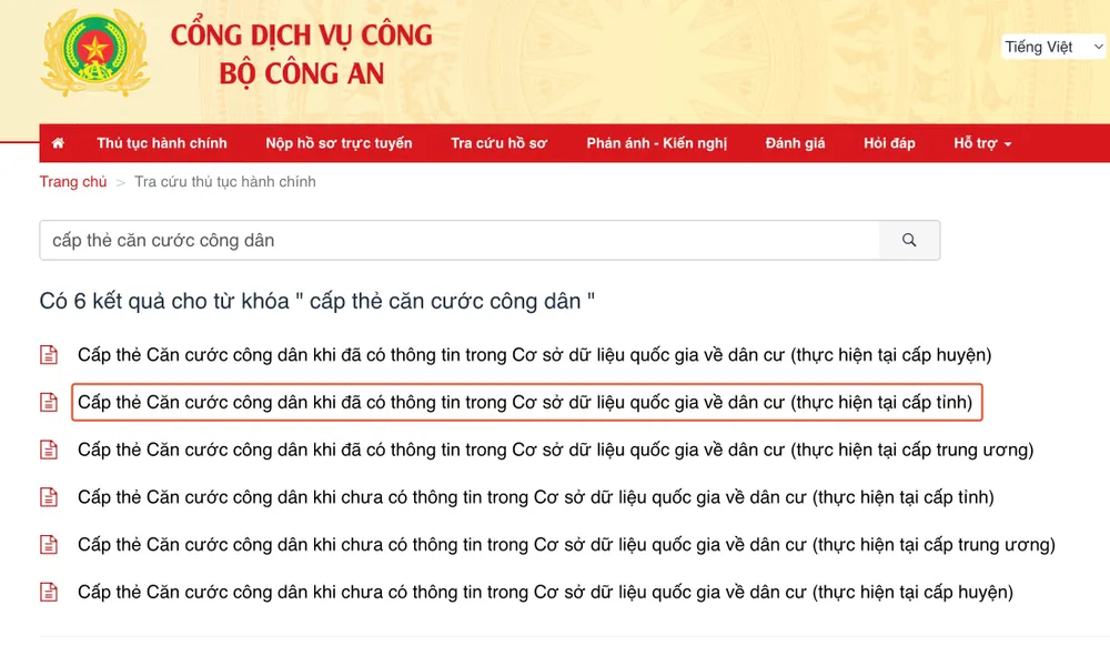 Chọn dịch vụ cấp thẻ căn cước công dân tương ứng. Ảnh: MINH HOÀNG