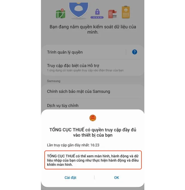 Ứng dụng giả mạo cơ quan thuế, yêu cầu quyền truy cập dữ liệu, điều khiển màn hình, xem màn hình… và rất nhiều quyền hạn vô lý. Ảnh: TIỂU MINH Ứng dụng giả mạo cơ quan thuế, yêu cầu quyền truy cập dữ liệu, điều khiển màn hình, xem màn hình… và rất nhiều quyền hạn vô lý. Ảnh: TIỂU MINH