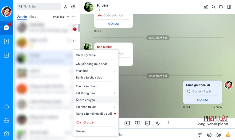 Ẩn các tin nhắn riêng tư trên Zalo máy tính. Ảnh: MINH HOÀNG