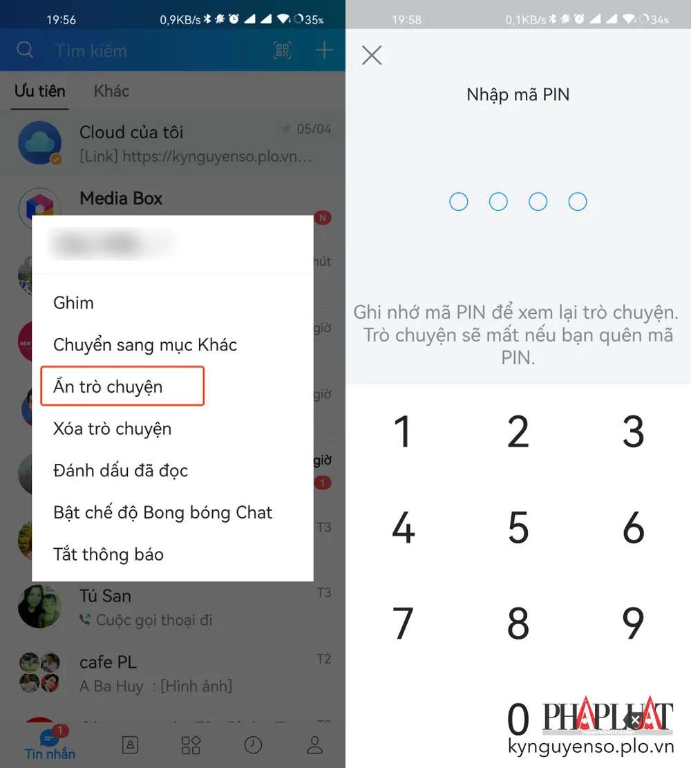 Đặt mã PIN để bảo mật các tin nhắn riêng tư trên Zalo. Ảnh: MINH HOÀNG