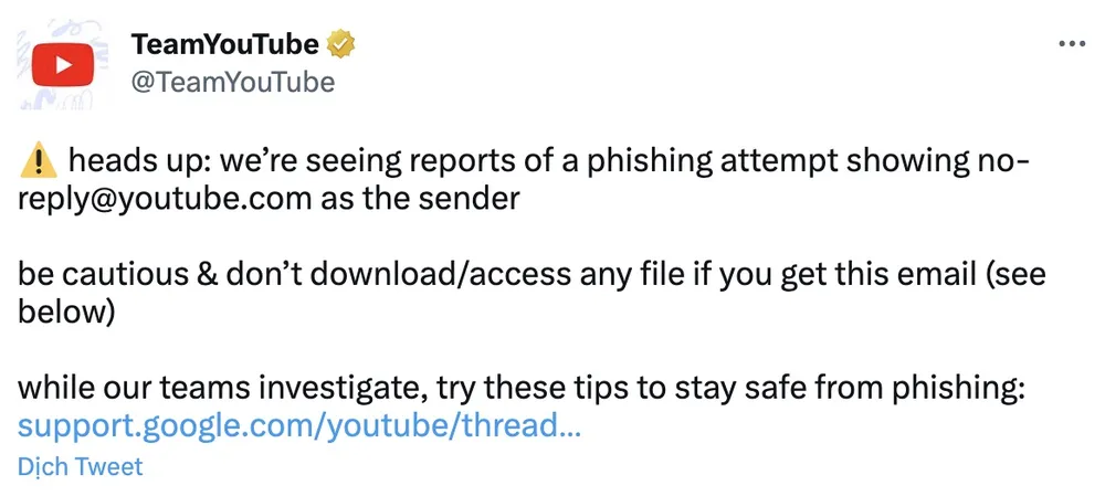 youtube-canh-bao-chieu-lua-gia-mao-email YouTube cảnh báo chiêu lừa giả mạo email. Ảnh: TIỂU MINH