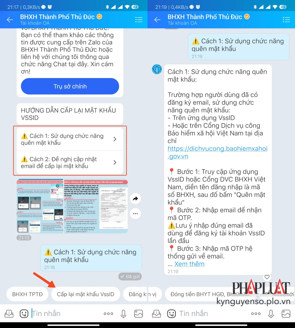 Cách lấy lại mật khẩu VssID khi đã cập nhật email (cách 1) và chưa có email (cách 2). Ảnh: MINH HOÀNG