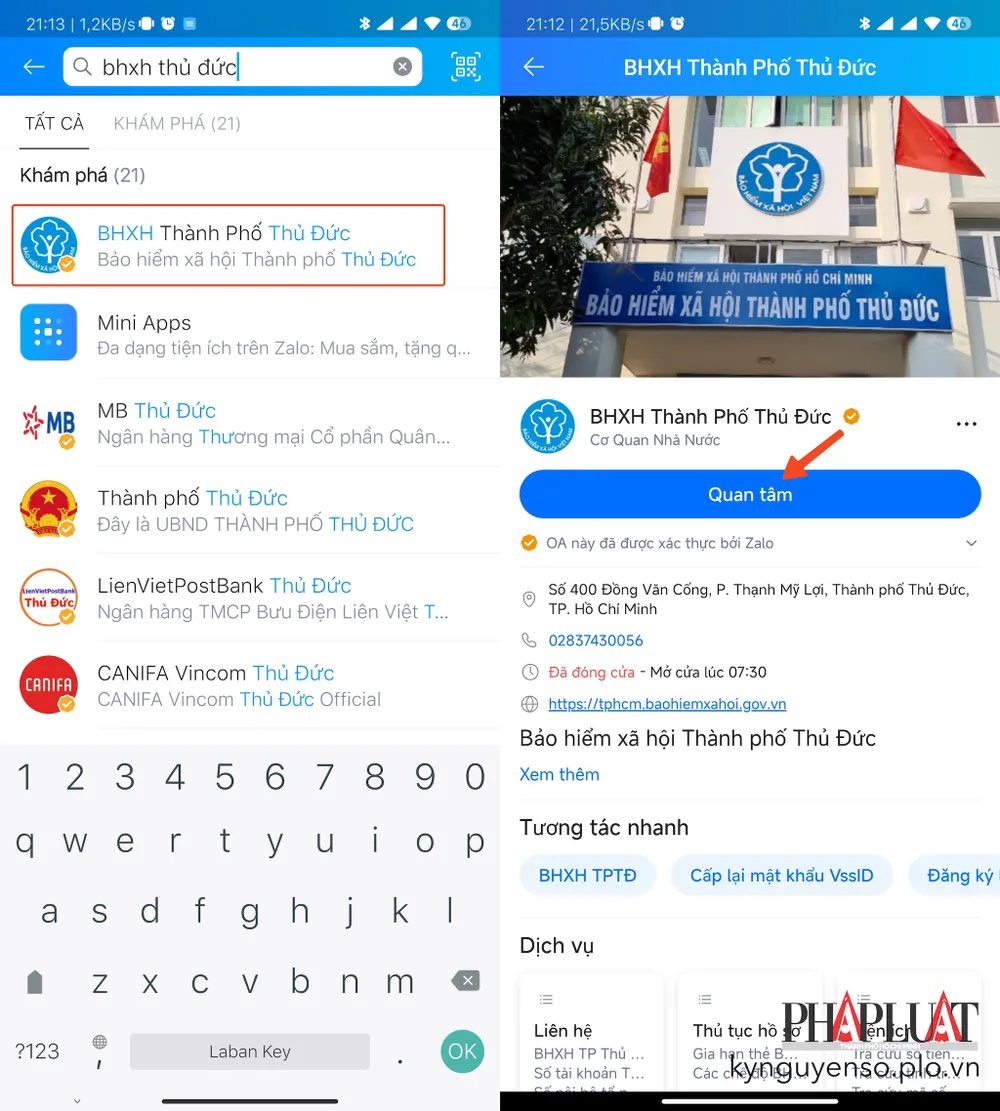 Quan tâm trang Zalo của BHXH Thành phố Thủ Đức. Ảnh: MINH HOÀNG