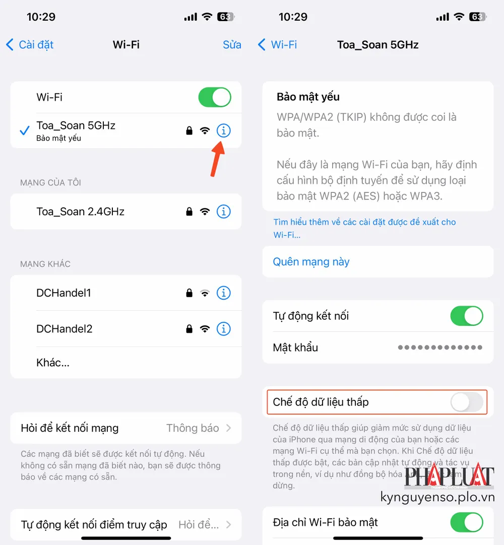 Tắt chế độ dữ liệu thấp trên iPhone. Ảnh: TIỂU MINH