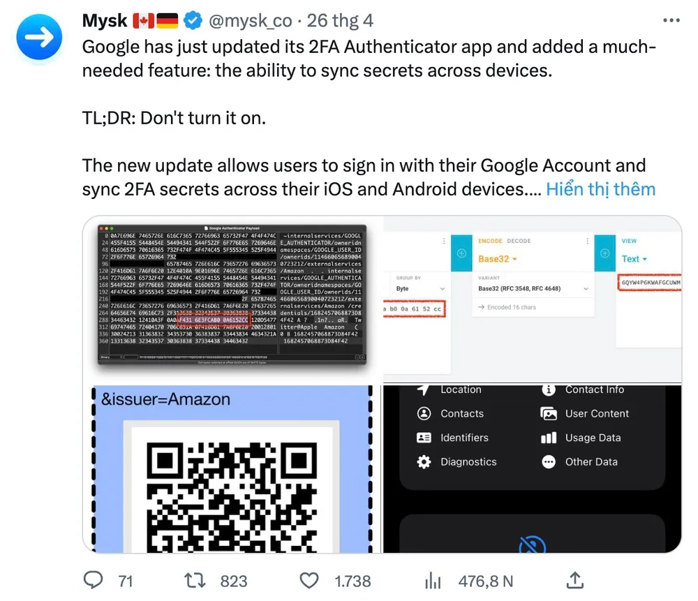 Mysk khuyến cáo người dùng không nên bật tính năng đồng bộ hóa trên Google Authenticator. Ảnh: TIỂU MINH