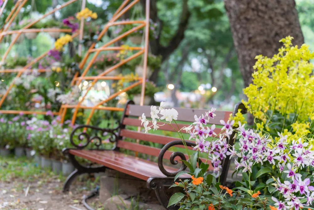 Du khách tham quan không thể từ chối chụp hình cùng hoa và những hàng ghế đá thơ mộng. Ảnh: TIỂU MINH