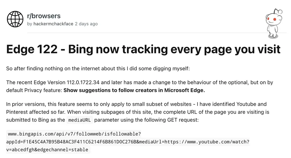 edge gửi dữ liệu người dùng đến bing