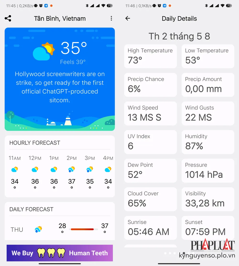 Carrot Weather cung cấp các thông tin thời tiết tổng quan, nhiệt độ, lượng mưa… Ảnh: TIỂU MINH