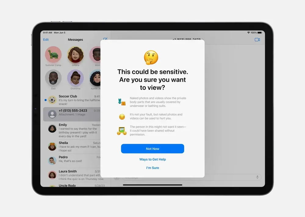 Apple hiển thị cảnh báo nội dung trong ứng dụng Messages (tin nhắn). Ảnh: Apple