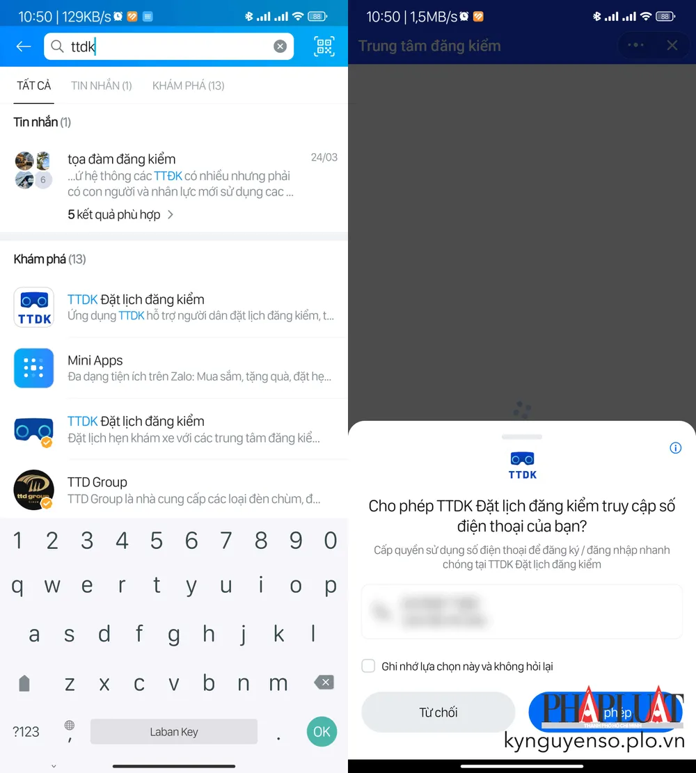 Sử dụng ứng dụng TTDK Đặt lịch đăng kiểm trên Zalo. Ảnh: TIỂU MINH