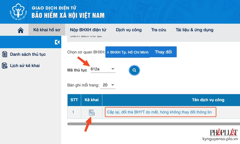 Chọn dịch vụ Cấp lại, đổi thẻ BHYT do mất, hỏng không thay đổi thông tin. Ảnh: MINH HOÀNG