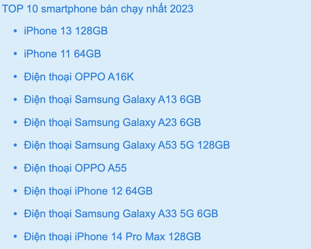 10 smartphone bán chạy nhất 2023 tại thế giới di động