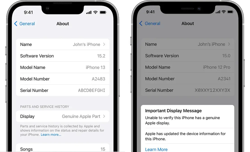 iPhone cảnh báo linh kiện không chính hãng. 