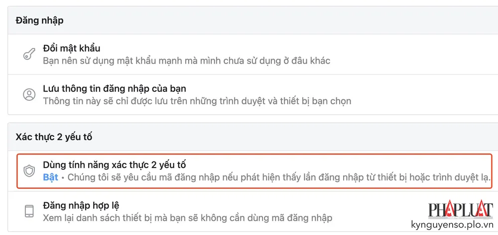 Bật tính năng xác thực hai yếu tố trên Facebook. Ảnh: TIỂU MINH