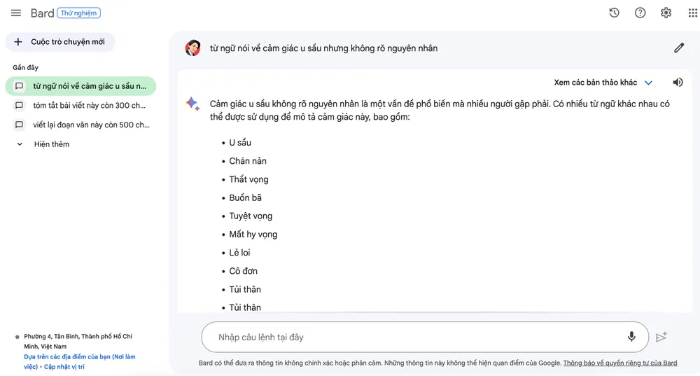 Cách tìm từ ngữ thích hợp bằng Google Bard. Ảnh: TIỂU MINH
