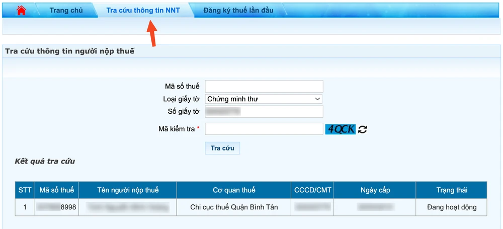 Cách tra cứu mã số thuế cá nhân bằng CMND hoặc CCCD. Ảnh: TIỂU MINH