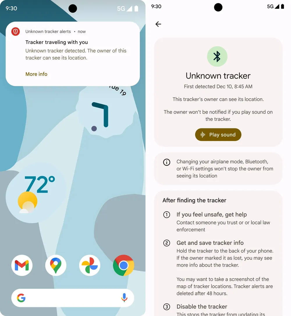 Nhận cảnh báo khi phát hiện thiết bị theo dõi. Ảnh: Google