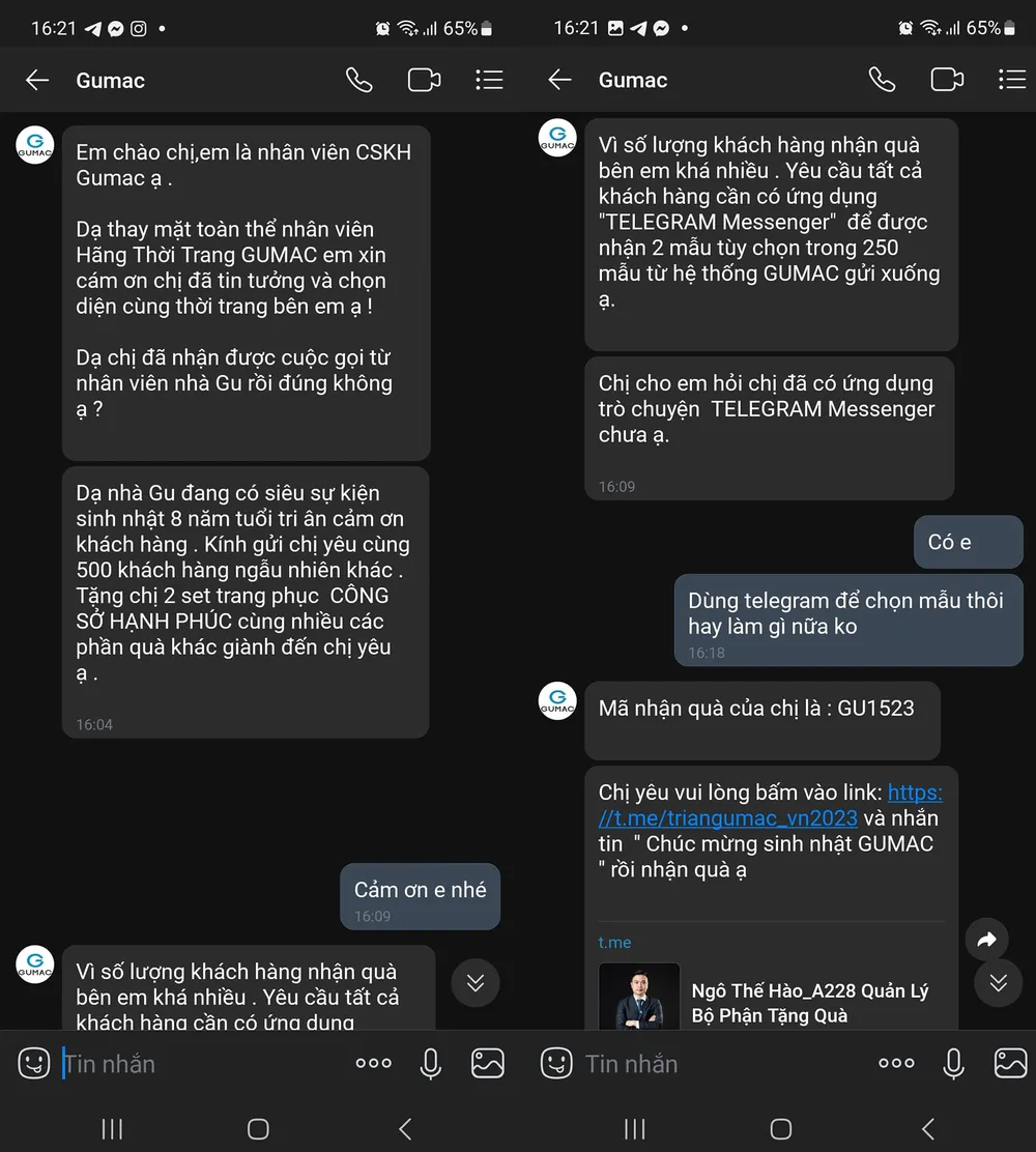 Tin nhắn lừa đảo dụ người dùng tham gia vào nhóm Telegram để làm nhiệm vụ. Ảnh: TIỂU MINH